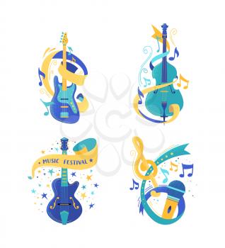 String musical instruments and microphone illustrations set. Electric and retro acoustic guitar. Classical cello isolated clipart. Metal mic with notes design element. Jazz and blues band equipment
