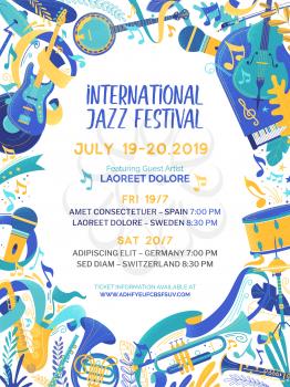 International music contest poster vector template. Jazz and blues festival promotional web banner with text space. Country, folk and rock concert brochure. Cultural event advertising flyer layout