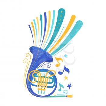 Blue french horn flat vector illustration. Brass instrument isolated clipart. Woodwind ensemble professional equipment. Classical music concert, jazz band performance poster design element