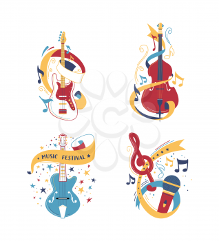 String and bowed musical instruments illustrations set. Electric and acoustic guitars. Classical violoncello, violin isolated clipart. Microphone with notes design element. Jazz band equipment