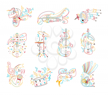 Musical instruments outline vector illustrations set. Cello, drum cymbals, percussion, woodwind and string instruments colourful line art on white background.  Modern headphones, microphone isolated cliparts. Jazz concert