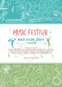 Woodwind orchestra live show poster vector template. Jazz festival, blues band concert brochure, flyer layout. Musical instruments chalk thin line illustration. Cello, trumpet doodle drawing