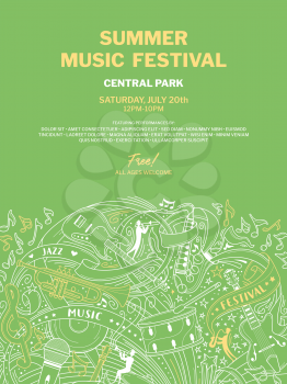 Symphony orchestra live show poster vector template. Summer jazz festival, blues band concert vintage brochure, flyer layout. Musical instruments chalk thin line illustration on green background