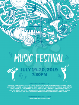 Vintage music festival vector poster template. Woodwind orchestra performance brochure. Sax and trumpet players and musical instruments illustration. Blues band live show, cultural event flyer