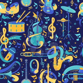 Musical instruments flat vector seamless pattern. Cello, saxophone, trombone texture. Strumming, percussion, brass instruments. Music festival, jazz performance, classical orchestra background