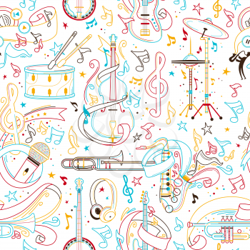 Musical instruments hand drawn outline seamless pattern. Cello, trombone, microphone line art texture. Colored contour string instruments on white background. Jazz concert vector background design