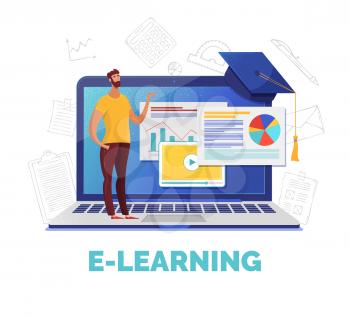 E learning web banner flat vector template. Business analysis, data analytics online course. Tutor offering Internet lesson and video tutorials cartoon character. Remote university educational program