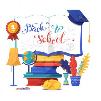 Back to school banner flat vector template. Open notebook illustration with calligraphy. Cartoon textbooks stack and sleeping cat isolated clipart. Education and knowledge poster design