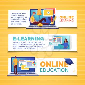 E learning and remote education web banners templates set. Data analytics, infographics visualization Internet course illustrations pack with text space. Video tutorials horizontal posters design