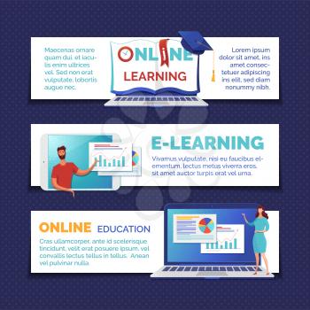 E learning and online education web banners templates set. Data, web analytics, infographics visualization Internet course illustrations pack with text space. Distant classes, remote lessons posters