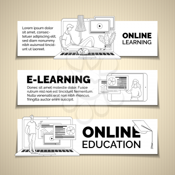 Remote education web banners linear templates set. Data analytics, infographics visualization Internet course illustrations pack with text space. Video tutorials, e learning posters design