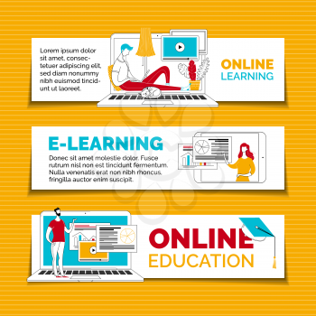 E learning and remote education web banners templates set. Data analytics, infographics visualization Internet course illustrations pack with text space. Video tutorials, e learning posters design