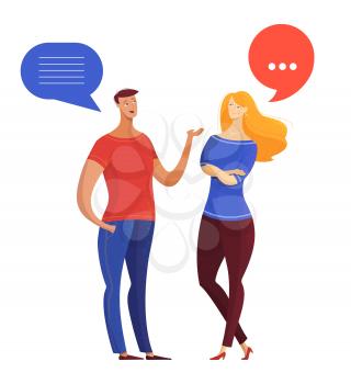Couple communication, dialog vector illustration. Male, female friends chatting, sharing latest news isolated characters. Cartoon boyfriend, girlfriend flirting, dating. Blonde lady choosing answer