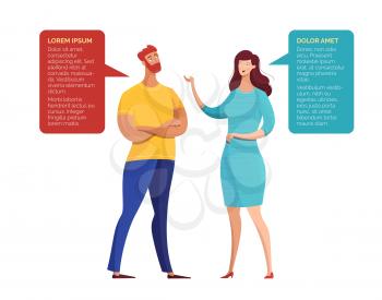 Man, woman conversation flat vector illustration. Cartoon girl, lady communicating, talking to bearded man. Businesswoman dialog with male partner, colleague. Speech bubbles with text space