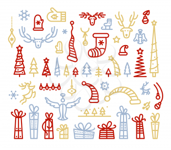 Christmas decoration vector color linear illustrations set. Winter holiday symbols contour icons pack. Xmas tree toys, Santa Claus hats isolated cliparts collection. New Year festive decor