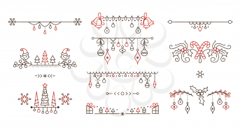 Christmas linear vector decorative borders set. Christmas outline decorative borders set. Winter season holiday page dividers isolated pack. New year festive decor for greeting card. Xmas tree hanging baubles design elements.