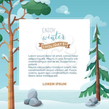 Winter holidays celebration vector banner template. White frame with lettering on ribbon. Winter forest landscape with snowy valley, evergreen firs, pine trees. Christmas season greeting card design
