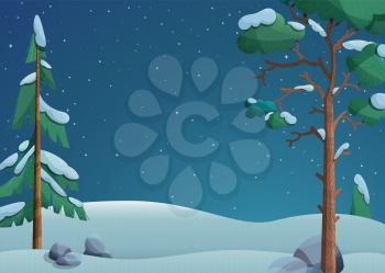 Starry winter night flat vector illustration. Snowy valley with lonely fir trees and pines. Beautiful december twilight in forest. Cold season landscape, scenery with twinkling stars in dark sky