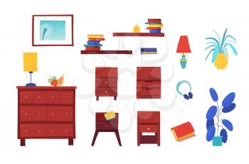 Room furnishing vector illustrations set. Apartment interior design elements. Cozy home items pack. Wooden furniture, flowerpot, personal things. Living room attributes color icons collection