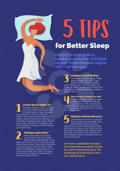 5 tips for better sleep banner vector template. Sleeping woman cartoon character. Journal page with flat illustrations. Medical magazine article. Flyer, brochure, poster design idea