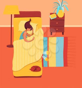 Sleeping woman in bedroom vector illustration. Female sleeper and pet cartoon characters. Young girl lying in bed. Bedtime, nighttime, relaxation. Home coziness, domestic atmosphere concept