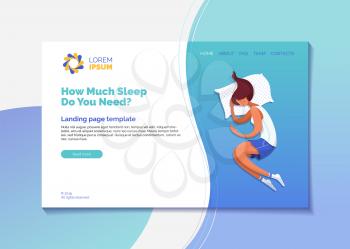 How much sleep do you need landing page vector template. Healthy sleep recommendations web banner, homepage with flat illustrations. Relaxing girl wearing pajamas cartoon character