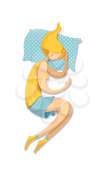 Young woman sleeping on her left side vector illustration. Female blonde sleeper lying on cushion cartoon character. Nighttime. Color drawing isolated on white background. Sleeping pose concept