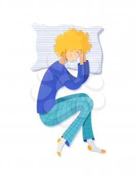 Girl sleeping on her left side vector illustration. Female curly-haired sleeper lying on pillow cartoon character. Woman wearing pajamas color drawing isolated on white background. Nighttime concept
