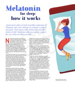 Melatonin for sleep banner vector template. Sleeping young woman cartoon character. Medical journal page with flat illustrations. Insomnia disorder treatment. Research article design idea