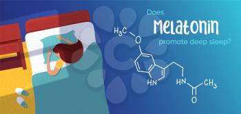 Melatonin promote deep sleep banner vector template. Medicine chemical formula. Sleeping woman in bed cartoon character. Article headline with flat illustrations. Melatonin effect concept