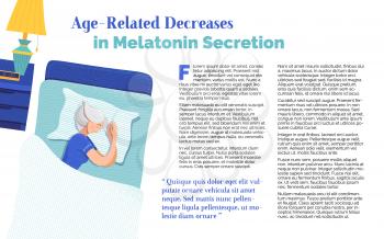 Age-related decreases in melatonin secretion banner template. Sleeping gray hair woman cartoon character. Healthy recommendation for senior people article. Magazine page with flat illustrations