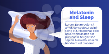Melatonin and sleep banner vector template. Sleepless young woman lying in bed cartoon character. Girl and speech bubble flat illustration. Wakefulness, stress, thoughtfulness concept