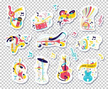 Musical instruments and notes vector illustrations set. Doodle orchestra attributes stickers isolated on transparent background. Melody, music, performance concept. Cartoon band items collection