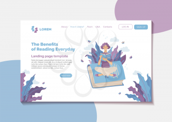 The benefits of reading every day banner. Self education and intellectual development landing page. Young smiling woman reading book outdoor vector illustration. Knowledges and thinking skills