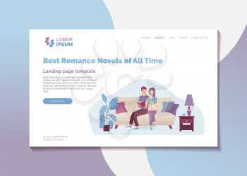 Best romance novels of all time landing page template. Top rated literature books web banner. Young enamored couple reading book together vector illustration. Literary club review, bookstore guide.