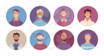 Happy multicultural people avatars set. Smiling young, adult and senior men profile pictures. Different human face icons for representing person vector illustration. User pic for web forum or account