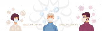Social distancing during outbreak of the coronavirus. People wearing safety breathing masks. Keep safety distance to protect virus Covid-19. Health care concept.