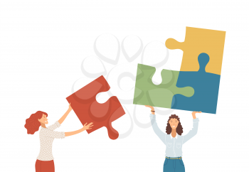 Businesswomen collecting puzzle together flat vector illustration. Partnership, coworking, cooperation. Staff, office managers team, businesspeople cartoon characters isolated on blue background