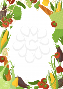 Seasonal vegetables empty frame vector illustration. Greens color border. Fresh veggies, organic nutrition, healthy products. Vegan food and eco friendly handbags on white background