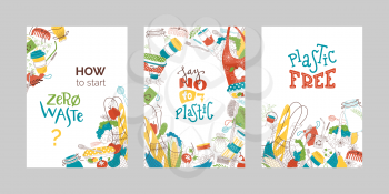 Zero waste flat vector banners set. Eco products in recyclable packages, reusable containers and organic nutrition, hygiene items and eco bags, vegetables and fruits isolated on white background
