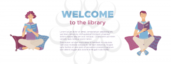 Welcome to the library banner. Smiling people reading books while sitting on pillows vector illustration. Reading time in library isolated on white background. Literary club and happy lifestyle.