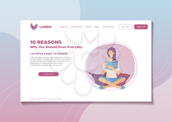 10 reasons why you should read everyday banner. Self education and intellectual health landing page. Young smiling woman reading book vector illustration. Mental stimulation and stress reduction.