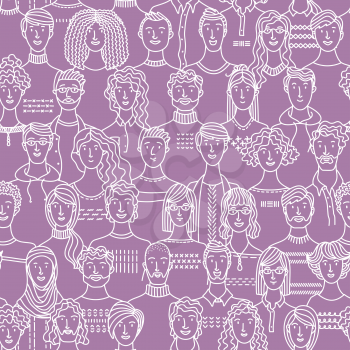 Seamless pattern of diverse people group. Linear crowd boundless background with various men and women. Social community vector outline illustration. Black and whiteSeamless pattern of diverse people group. Linear crowd boundless background with various men and women. Social community vector outline illustration