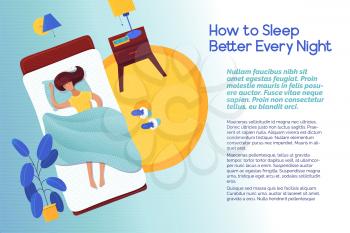 How to sleep better every night banner template. Sleeping woman lying in bed cartoon character. Journal article. Magazine page with flat illustrations. Poster, flyer, brochure design idea
