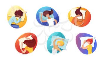 Sleeping women flat illustrations set. Female sleepers cartoon characters. Asleep girls with pillows portraits in circles color drawings. Different poses, body comfortable positions pack