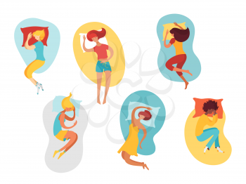 Sleeping women flat illustrations set. Female sleepers cartoon characters. Asleep girls with pillows portraits in shapes color drawings. Different poses, body comfortable positions pack