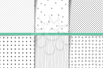 Abstract hand drawn monocolor seamless patterns set. Fabric flaps, textile patches collection. Monochrome backgrounds irregular geometric shapes. Hand drawn circles, lines and dots backdrops