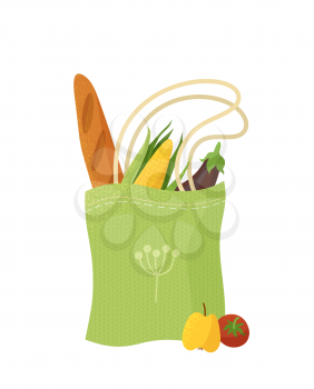 Reusable handbag with products flat vector illustration. Recyclable shopping bag with greens and bakery. Vegan food, fruits and vegetables in eco friendly package isolated on white background