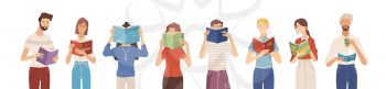 People reading books banner. Happy young men and women holding books and standing in a row. Students studying and preparing for exams. Vector illustration in flat cartoon style
