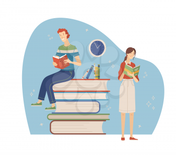 Happy people relaxing with book cartoon vector illustration. Students study in library, literary club or bookstore banner, book festival concept. Young man and woman reading interesting books